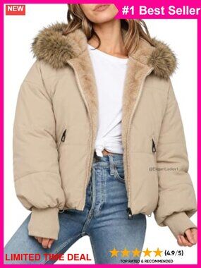 Cropped Puffer Jacket Quilted Hooded Faux Fur Sherpa Lined Winter Coat